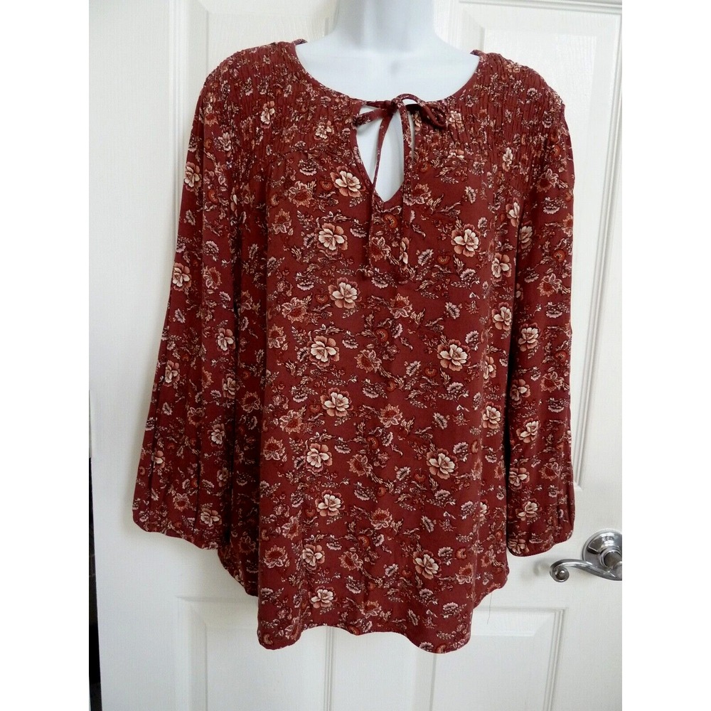 Berkley Jensen Smocked Blouse Boho Floral Balloon Sleeves Rust Brown Large